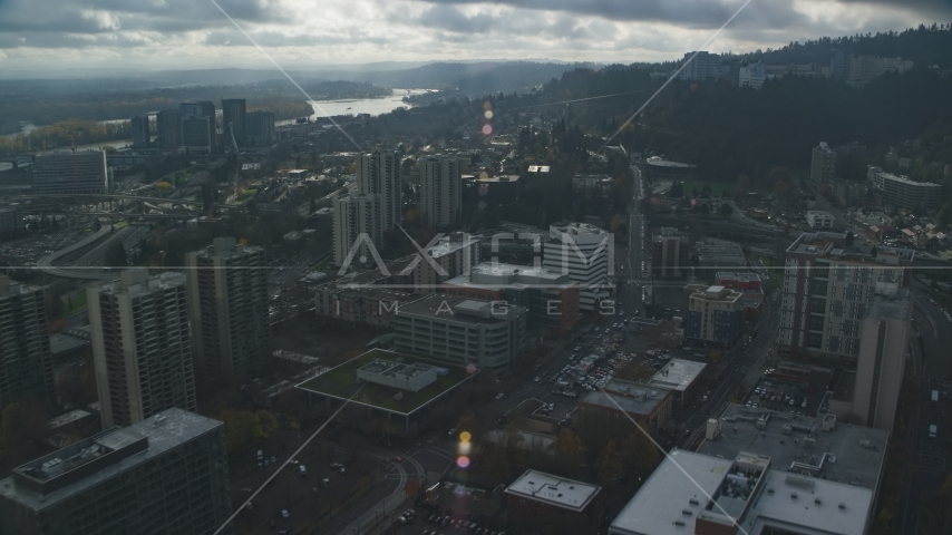 City office buildings near condominium complexes, Downtown Portland, Oregon Aerial Stock Photo AX153_048.0000205F | Axiom Images