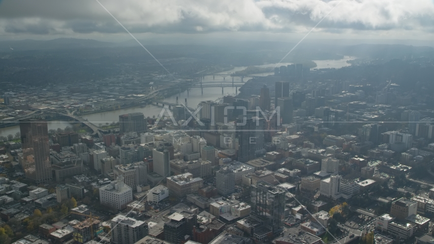 Bridges over the Willamette River and skyscrapers in Downtown Portland, Oregon Aerial Stock Photo AX153_077.0000000F | Axiom Images