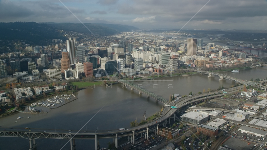 Hawthorne Bridge and skyscrapers in Downtown Portland, Oregon Aerial Stock Photo AX153_083.0000000F | Axiom Images