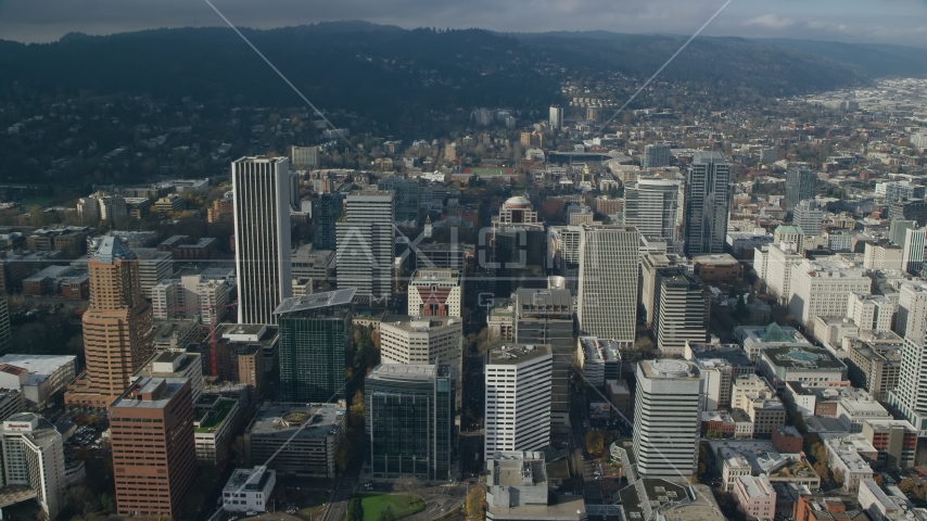 A view of Downtown Portland's skyscrapers in Oregon Aerial Stock Photo AX153_084.0000230F | Axiom Images