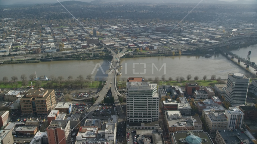 The Morrison Bridge in Downtown Portland, Oregon Aerial Stock Photo AX153_099.0000085F | Axiom Images