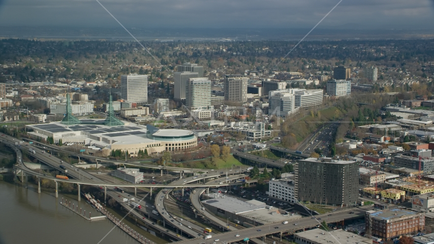 Oregon Convention Center and office buildings in Lloyd District, Portland, Oregon Aerial Stock Photo AX153_100.0000000F | Axiom Images