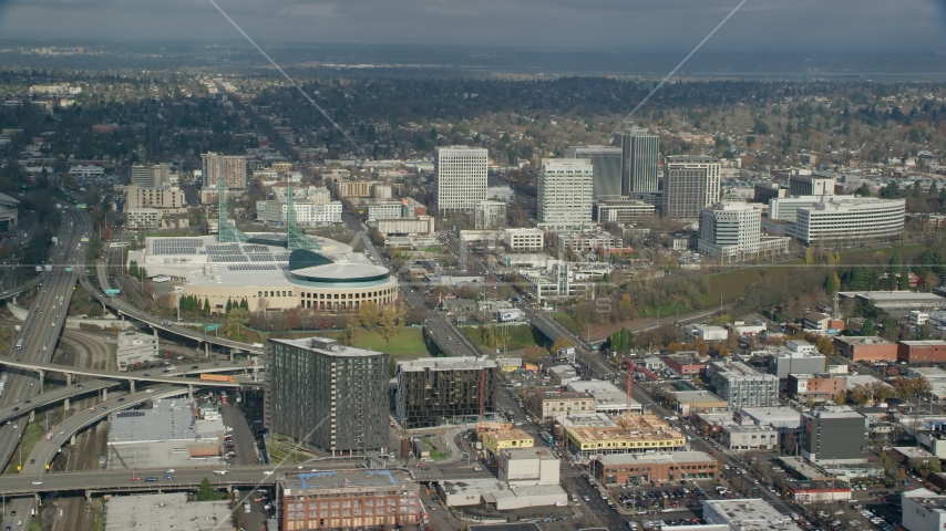The Oregon Convention Center by office buildings in Lloyd District, Portland, Oregon Aerial Stock Photo AX153_100.0000249F | Axiom Images