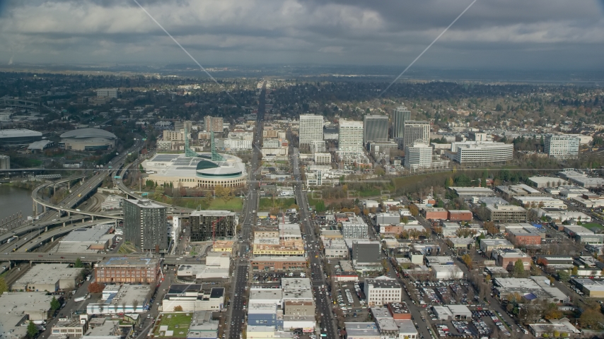 The Oregon Convention Center and a group of office buildings in Lloyd District, Portland, Oregon Aerial Stock Photo AX153_101.0000000F | Axiom Images