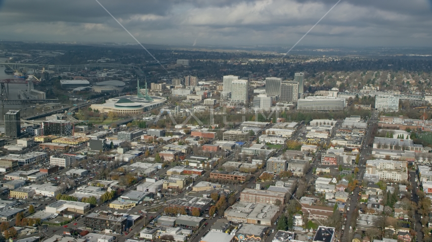 A view of the Oregon Convention Center and office buildings in Lloyd District, Portland, Oregon Aerial Stock Photo AX153_101.0000308F | Axiom Images