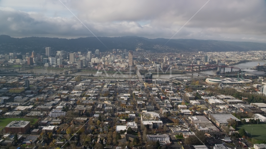 The Burnside Bridge and Downtown Portland, Oregon Aerial Stock Photo AX153_103.0000000F | Axiom Images