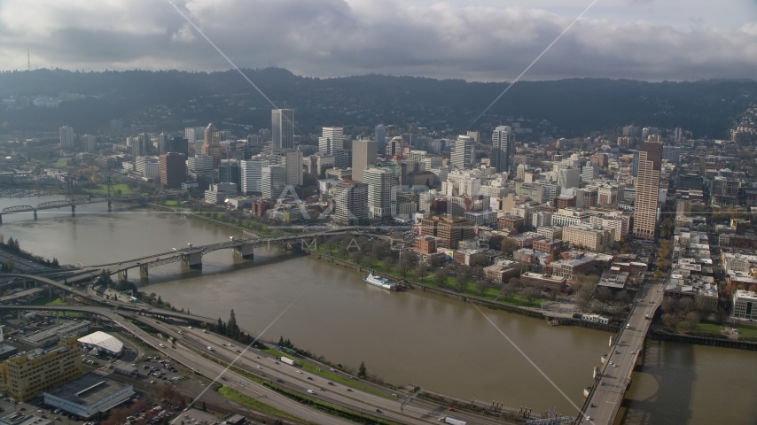 The bridges over the Willamette River and Downtown Portland, Oregon Aerial Stock Photo AX153_105.0000000F | Axiom Images