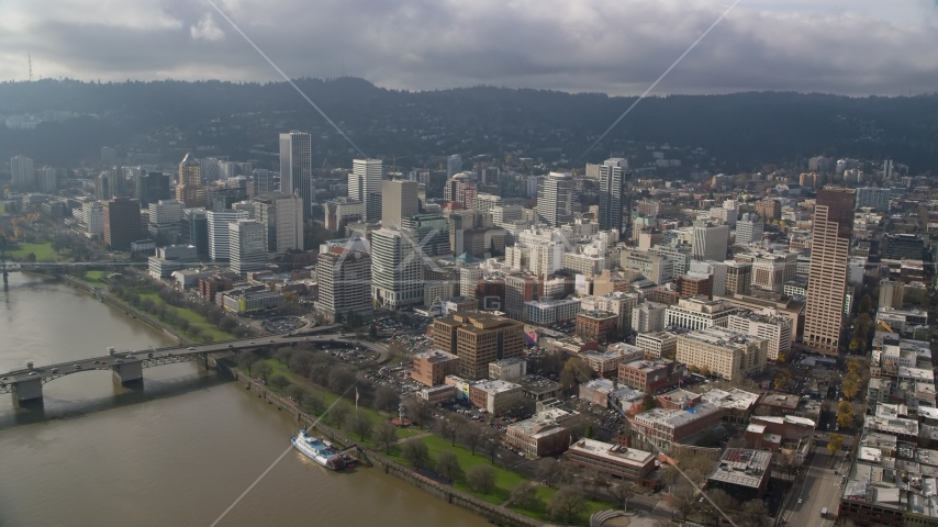 Downtown Portland seen from the Willamette River, Oregon Aerial Stock Photo AX153_105.0000159F | Axiom Images