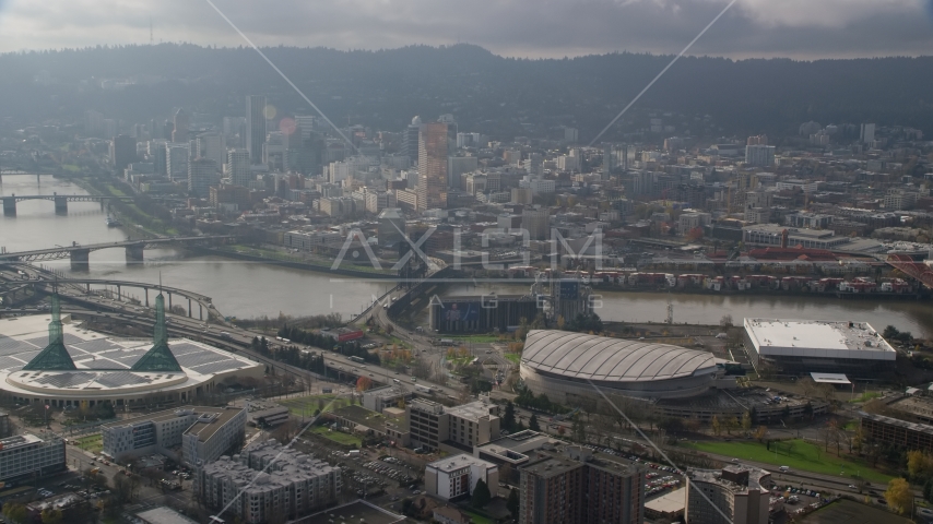 Skyscrapers in Downtown Portland, the Willamette River, and Moda Center in Oregon Aerial Stock Photo AX153_113.0000000F | Axiom Images