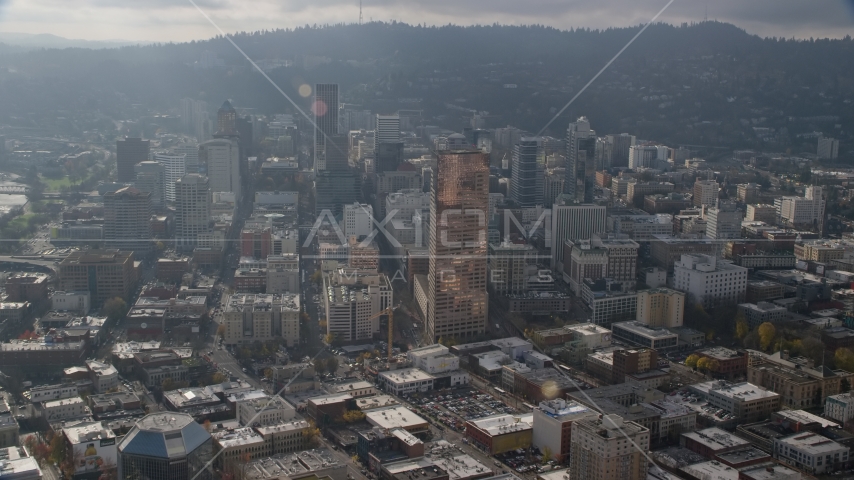 The US Bancorp Tower and skyscrapers in Downtown Portland, Oregon Aerial Stock Photo AX153_115.0000252F | Axiom Images