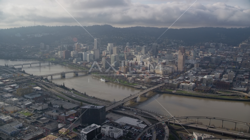 Bridges over the Willamette River and skyscrapers in Downtown Portland, Oregon Aerial Stock Photo AX153_122.0000000F | Axiom Images