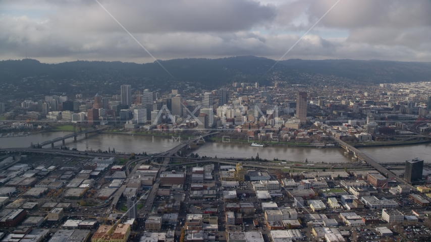 Hawthorne, Morrison, and Burnside Bridges, and skyscrapers in Downtown Portland, Oregon Aerial Stock Photo AX153_127.0000347F | Axiom Images