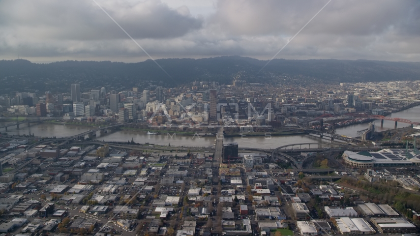 View of bridges on the Willamette River and Downtown Portland, Oregon Aerial Stock Photo AX153_128.0000263F | Axiom Images