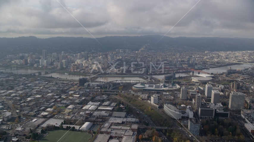 Downtown Portland, Willamette River, and convention center in Oregon Aerial Stock Photo AX153_129.0000262F | Axiom Images