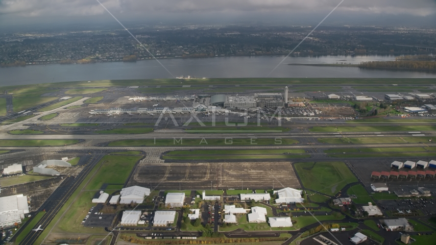 Portland International Airport and the Columbia River in Oregon Aerial Stock Photo AX153_133.0000232F | Axiom Images