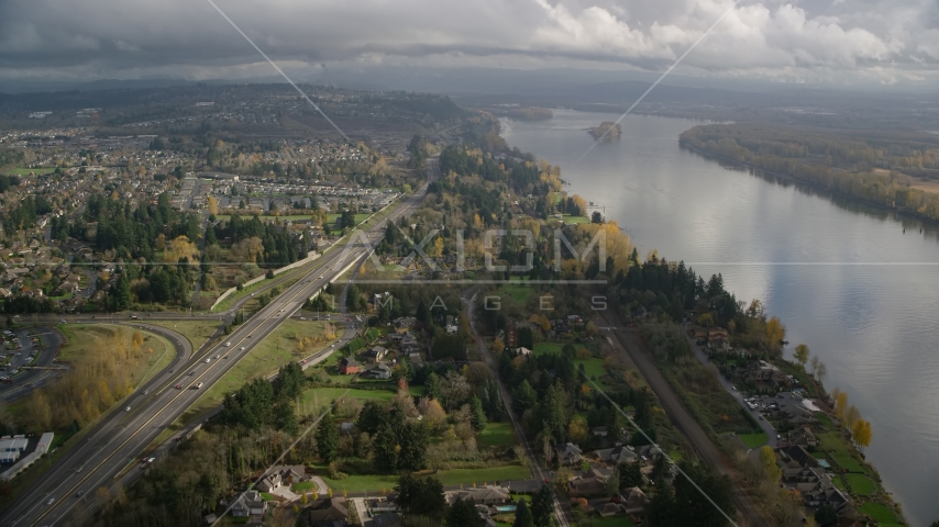 Suburban homes between Highway 14 and Columbia River, Vancouver, Washington Aerial Stock Photo AX153_143.0000000F | Axiom Images