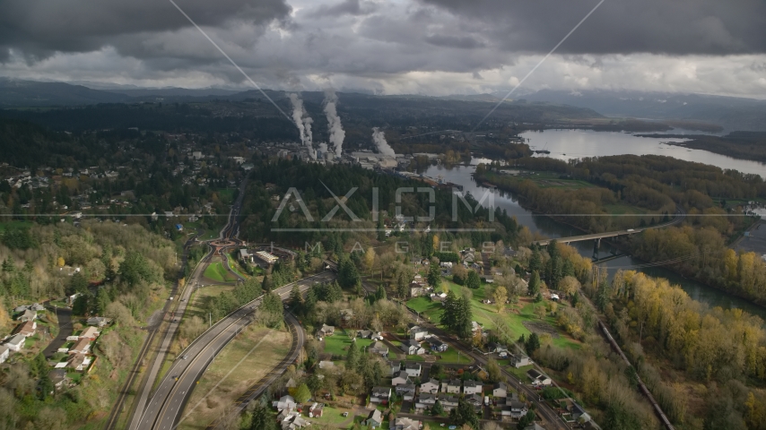 High above Highway 14 looking out toward a paper mill in Camas, Washington Aerial Stock Photo AX153_149.0000054F | Axiom Images