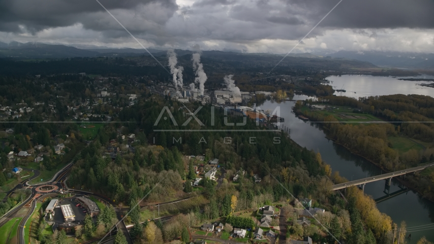 High Above Suburban Homes Looking To Paper Mill, Camas, Washington Aerial Stock Photo AX153_149.0000224F | Axiom Images