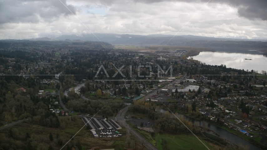 Tract homes and the Washougal River in Washougal, Washington Aerial Stock Photo AX153_159.0000263F | Axiom Images