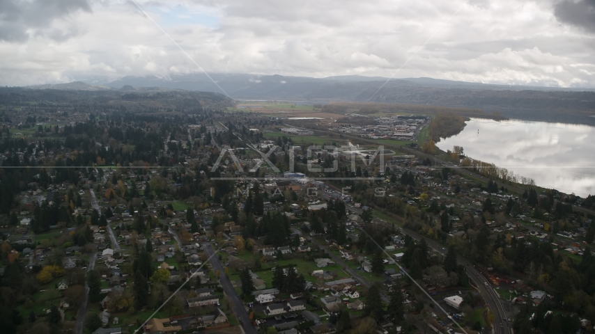 Small town neighborhoods in Washougal, Washington Aerial Stock Photo AX153_161.0000000F | Axiom Images