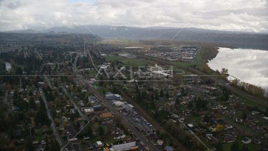 Small town neighborhoods in Washougal, Washington Aerial Stock Photo AX153_161.0000216F | Axiom Images