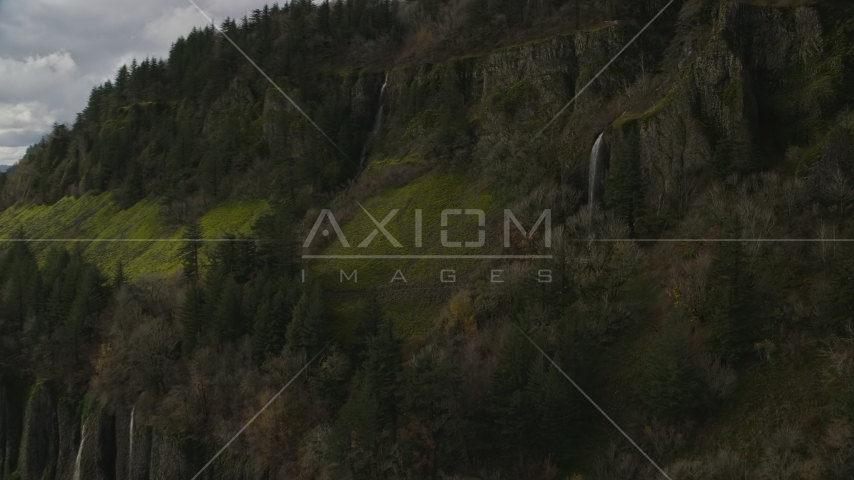 Waterfalls on cliffs in Columbia River Gorge, Washington Aerial Stock Photo AX154_010.0000296F | Axiom Images