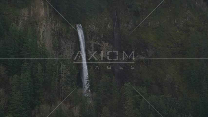 A view of Multnomah Falls on the Oregon side of Columbia River Gorge Aerial Stock Photo AX154_021.0000154F | Axiom Images