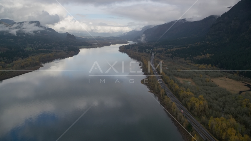 Highway beside the Columbia River Gorge on the Multnomah County, Oregon side of the river Aerial Stock Photo AX154_022.0000310F | Axiom Images