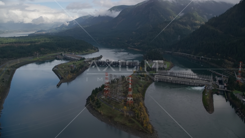 The Bonneville Dam structure in Columbia River Gorge Aerial Stock Photo AX154_029.0000253F | Axiom Images