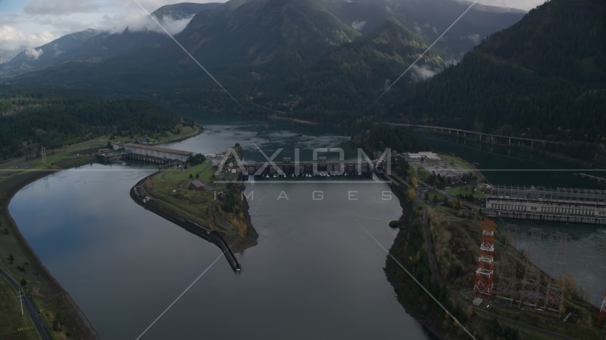 Bonneville Dam in the Columbia River Gorge Aerial Stock Photo AX154_030.0000196F | Axiom Images
