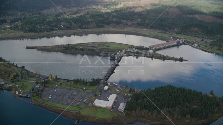 The Bonneville Dam in the Columbia River, Columbia River Gorge Aerial Stock Photo AX154_036.0000274F | Axiom Images