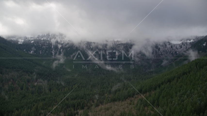 Snowy mountains at the end of a canyon with evergreen trees in Cascade Range, Hood River County, Oregon Aerial Stock Photo AX154_057.0000000F | Axiom Images