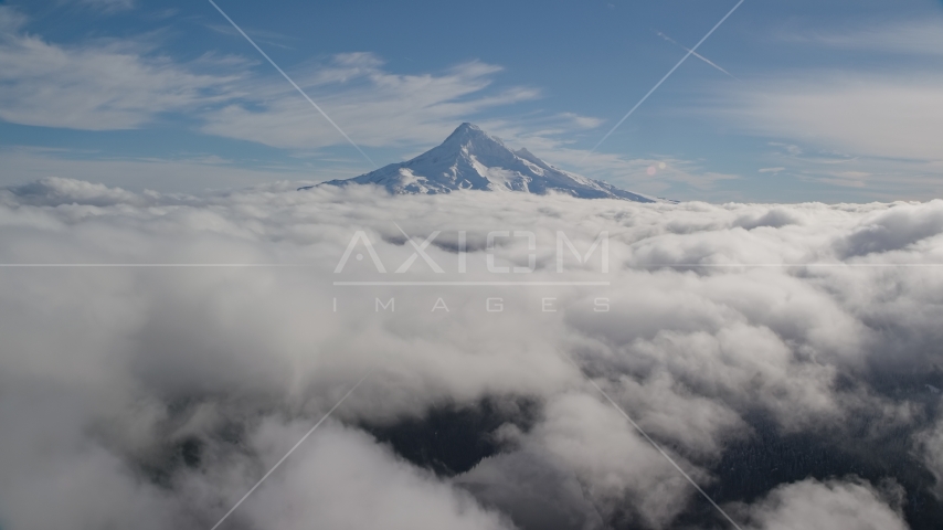 Above clouds with a view of snowy Mount Hood, Cascade Range, Oregon Aerial Stock Photo AX154_063.0000334F | Axiom Images