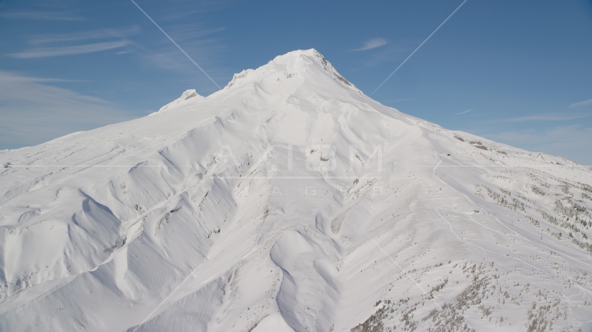 Snow-covered mountain slopes of Mount Hood, Cascade Range, Oregon Aerial Stock Photo AX154_096.0000000F | Axiom Images