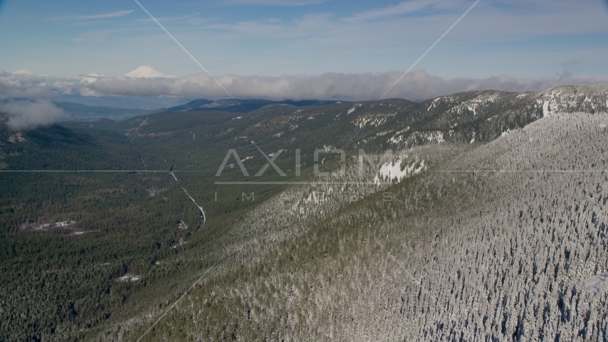 Snow forest at the end of a mountain ridge, Cascade Range, Oregon Aerial Stock Photo AX154_106.0000287F | Axiom Images