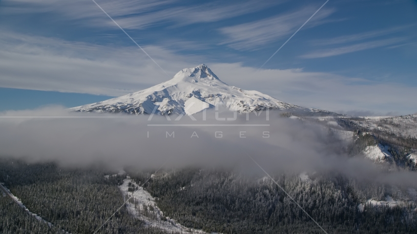 Low clouds over forest at the base of snow-capped Mount Hood, Cascade Range, Oregon Aerial Stock Photo AX154_120.0000225F | Axiom Images
