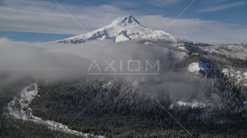 Low clouds over forest and ridge near snow-capped Mount Hood, Cascade Range, Oregon Aerial Stock Photo AX154_121.0000120F | Axiom Images