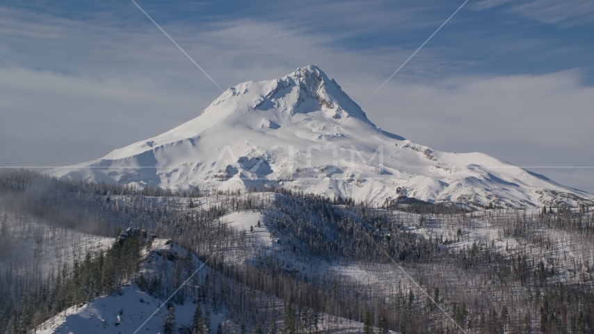 Mountain ridge with dead trees in the foreground near Mount Hood, Cascade Range, Oregon Aerial Stock Photo AX154_122.0000000F | Axiom Images