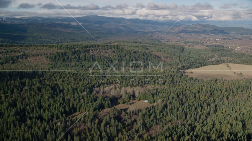 Evergreen forest, logging and farm areas near Parkdale, Oregon Aerial Stock Photo AX154_135.0000220F | Axiom Images