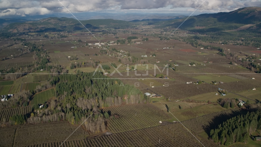 A view of farms and fields in Parkdale, Oregon Aerial Stock Photo AX154_138.0000000F | Axiom Images