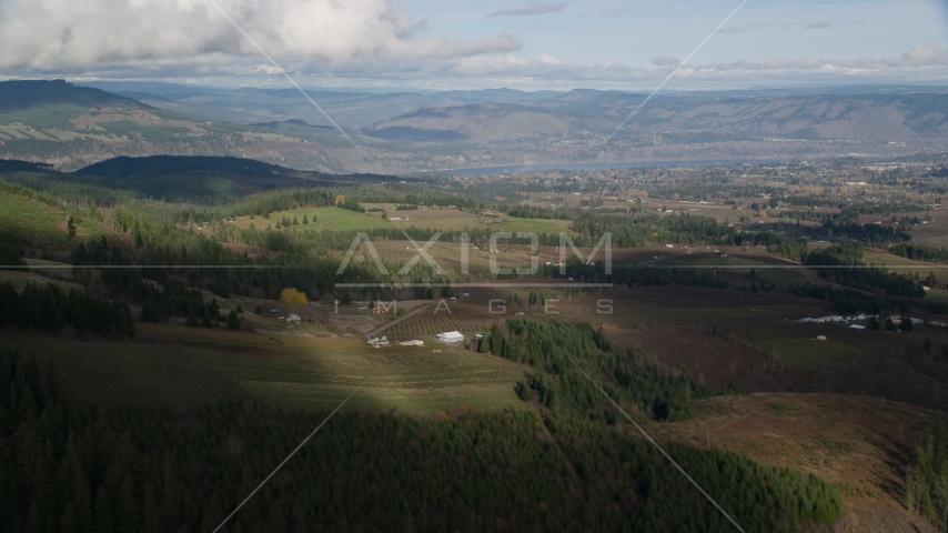 A view across farms in Hood River, Oregon Aerial Stock Photo AX154_149.0000000F | Axiom Images