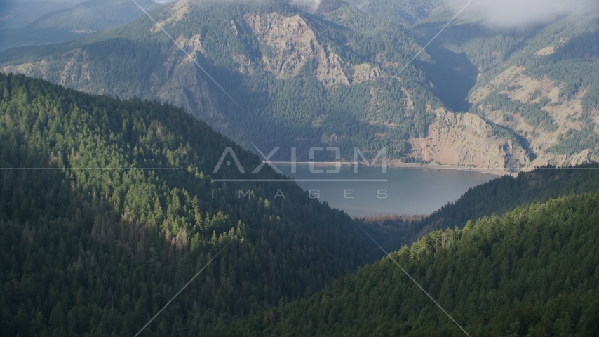 The Columbia River Gorge and evergreen forest mountains, Hood River, Columbia River Gorge, Oregon Aerial Stock Photo AX154_152.0000192F | Axiom Images