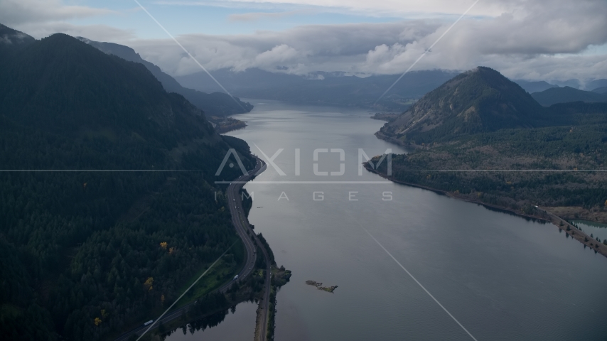 The Columbia River and the I-84 highway in Columbia River Gorge Aerial Stock Photo AX154_157.0000279F | Axiom Images