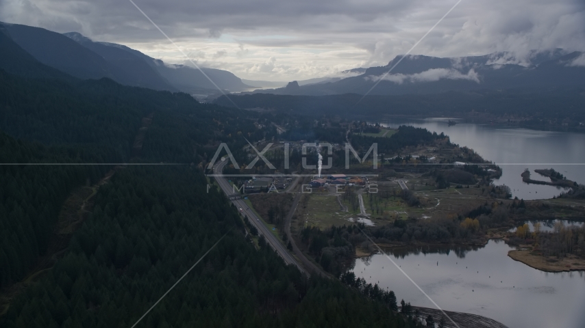 I-84 and the small town of Cascade Locks, Oregon in Columbia River Gorge Aerial Stock Photo AX154_165.0000339F | Axiom Images
