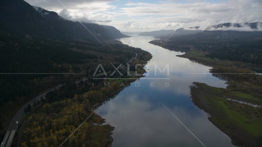 Interstate 84 and the Columbia River in Columbia River Gorge Aerial Stock Photo AX154_182.0000246F | Axiom Images
