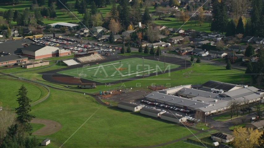 Gause Elementary and the Washougal High School football field in Washougal, Washington Aerial Stock Photo AX154_204.0000156F | Axiom Images
