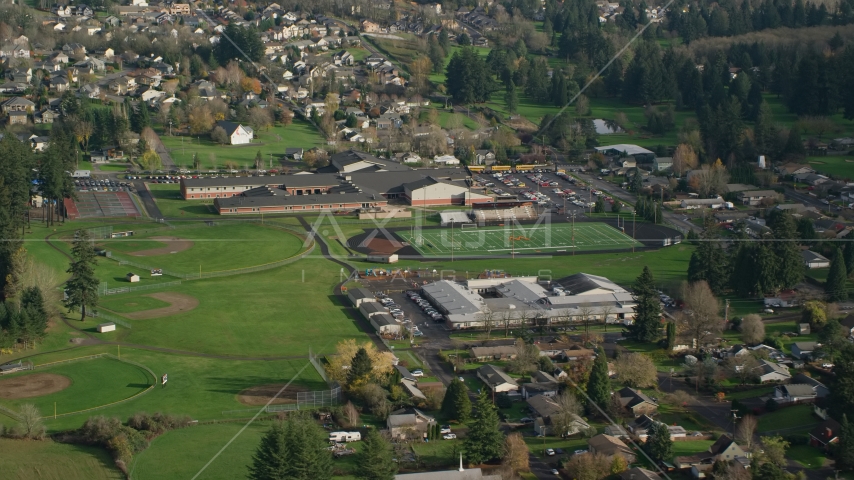 Gause Elementary, Washougal High School, and sports fields in Washougal, Washington Aerial Stock Photo AX154_209.0000155F | Axiom Images