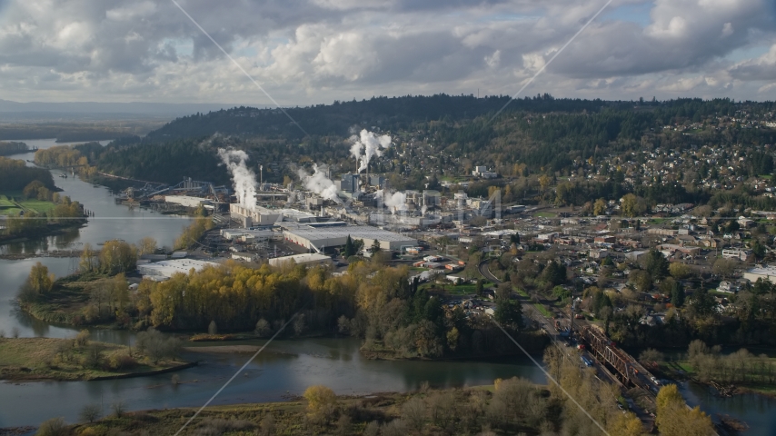 The Washougal River and the Georgia Pacific Paper Mill in Camas, Washington Aerial Stock Photo AX154_211.0000254F | Axiom Images