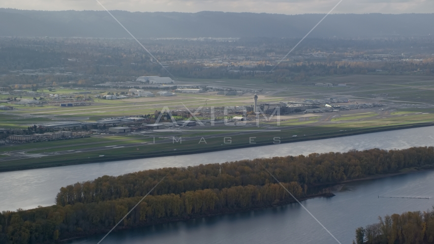 Portland International Airport seen from across the Columbia River Aerial Stock Photo AX154_217.0000223F | Axiom Images