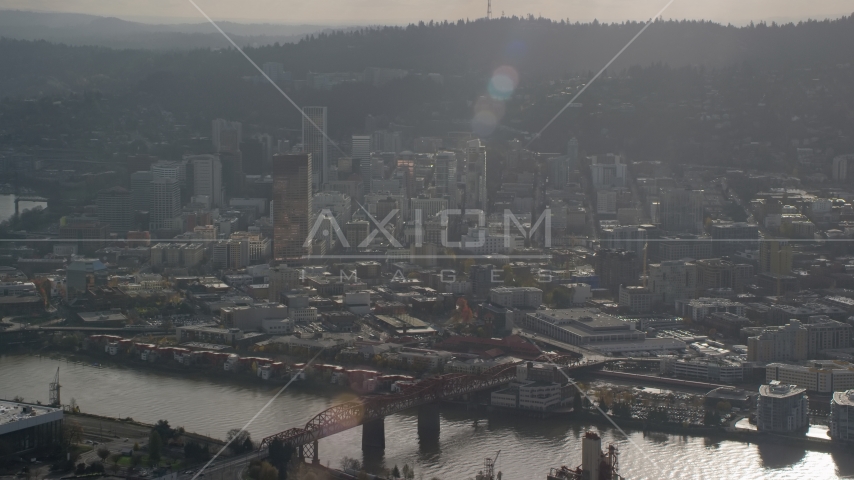Godrays shining down on the Willamette River and Downtown Portland, Oregon Aerial Stock Photo AX154_226.0000265F | Axiom Images